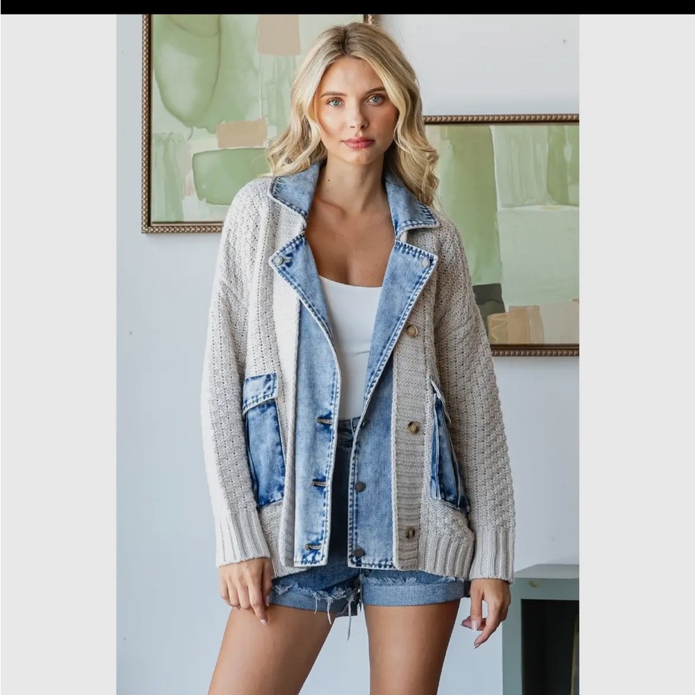 NWOT Denim knit cable sweater jacquard button boho bohemian jacket